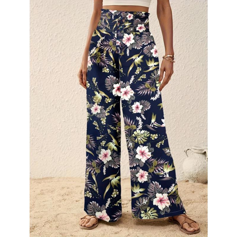 Women's Fashion Casual Flower Pattern Print High Waist Trousers Pants & Capris