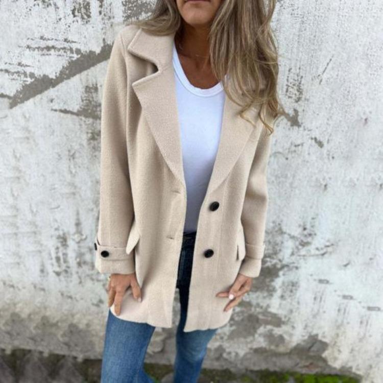 Women Solid Color Woolen Coat Mid-length Lapel Long Sleeve Single Breasted Outwear with Side Pockets Commuting Style