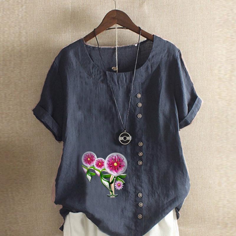 Women's Fashion Flowers Prined Short Sleeve T-shirt Loose Cotton Shirt Casual Loose Summer Blouse Tops