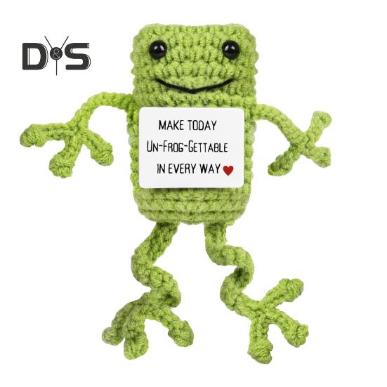 Positive Crochet Frog Doll with Encouraging Card Emotional Support Handmade Knitting Animal Decoration Ornament Stress Relief Toy