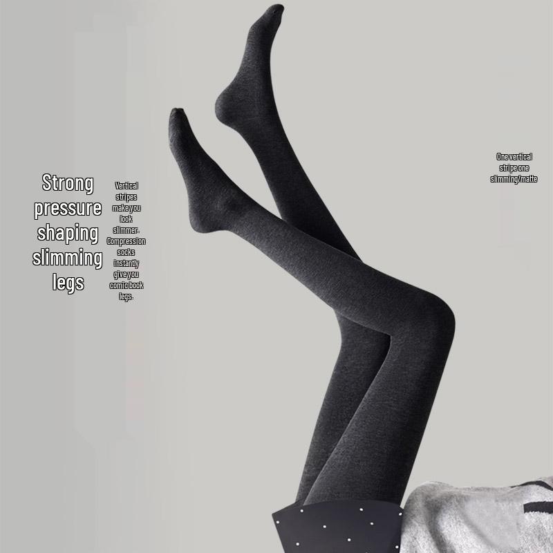 Graue Koreanischer Stil Vertikal Gestreifte Schlankmachende Leggings für Damen - Dicke Baumwollstrumpfhosen, Starke Kompression, Herbst/Winter.