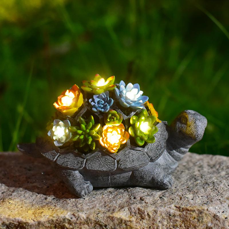 Solar-Powered Resin Succulent Turtle Garden Statue with LED Lights
