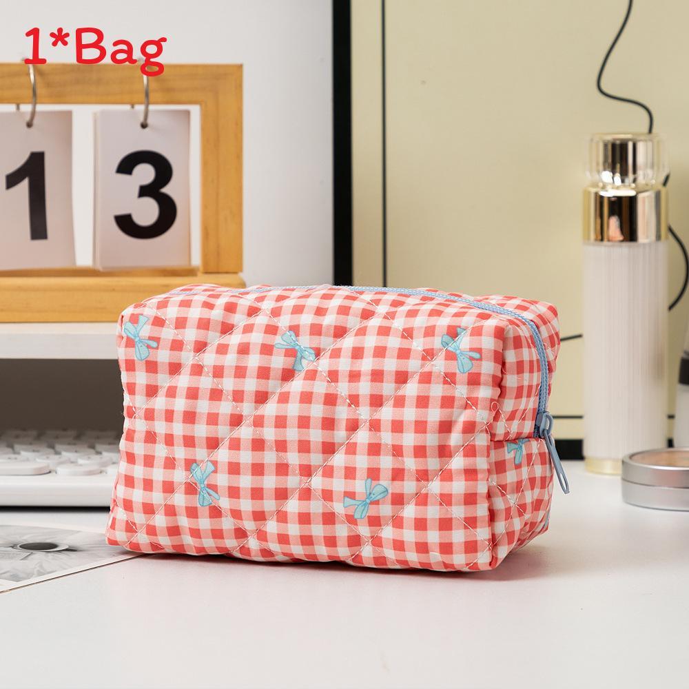 Korean Style Cotton Polyester Checkered Bow Makeup Bag With Zipper For Daily Use