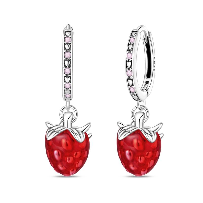 Red Series 925 Silver Apple Strawberry Cherry Rose Ladybug Wine Glass Earrings Fun Birthday Party Gifts