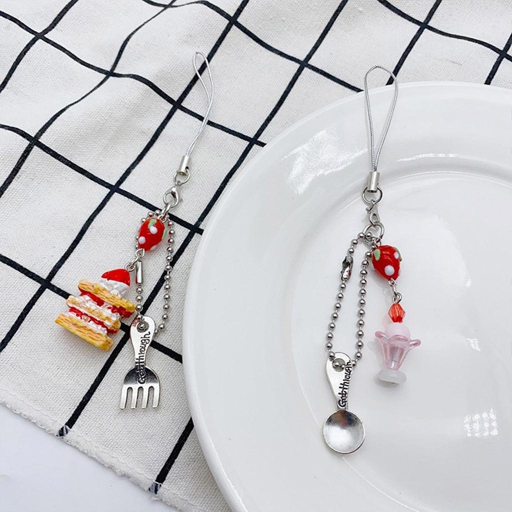 Cake Ice Cream Spoon Fork Pendant Phone Charm Hangings Rope Cute Phone Chain Strap Bag Decoration Keychain Accessories