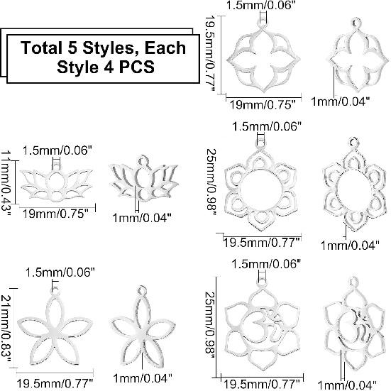 UNICRAFTALE 20pcs 5 Styles Flower Hollow Charm Open Back Bezel Pendants Stainless Steel Frame Charms Dangle Charms Yoga OM Lotus for Resin Pressed