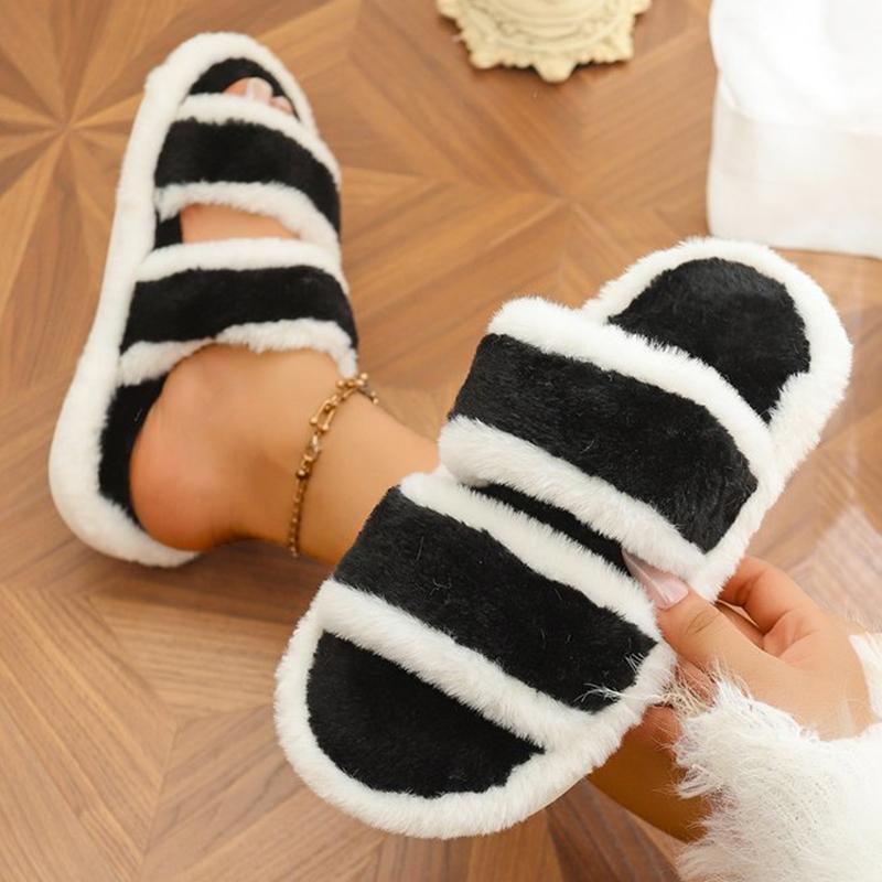 Fashion Indoor Furry Warm House Slippers Women Chic Mix Color Cotton Slides Woman Autumn Winter Open Toe Non Slip Plush Slippers Ladies