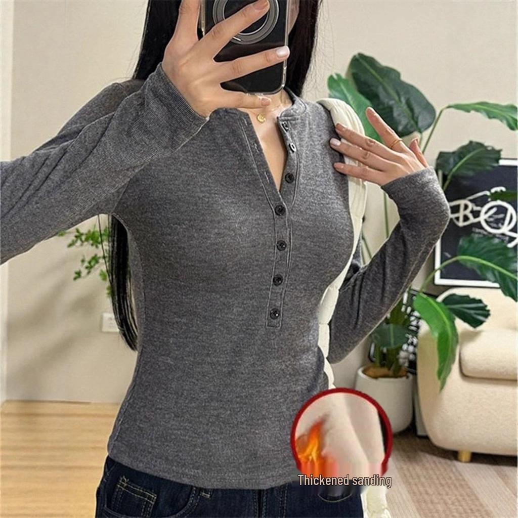 Women's Slim Fit Half-Open Collar Long-Sleeve T-Shirt - Autumn/Winter, Spicy American Style, Brushed Fleece, Plus Velvet Inner Layer.