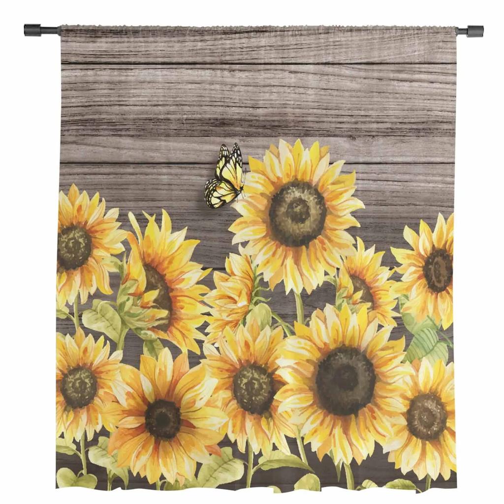 Sunflower Watercolor Butterfly Wooden Board Sheer Curtains For Living Room Kitchen Window Curtains Bedroom Tulle Voile Curtains
