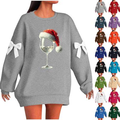 Damen Weihnachtlich Bedruckter Schleife Rundhals Langarm Lockerer Pullover Sweater Sweatshirt Oberteil