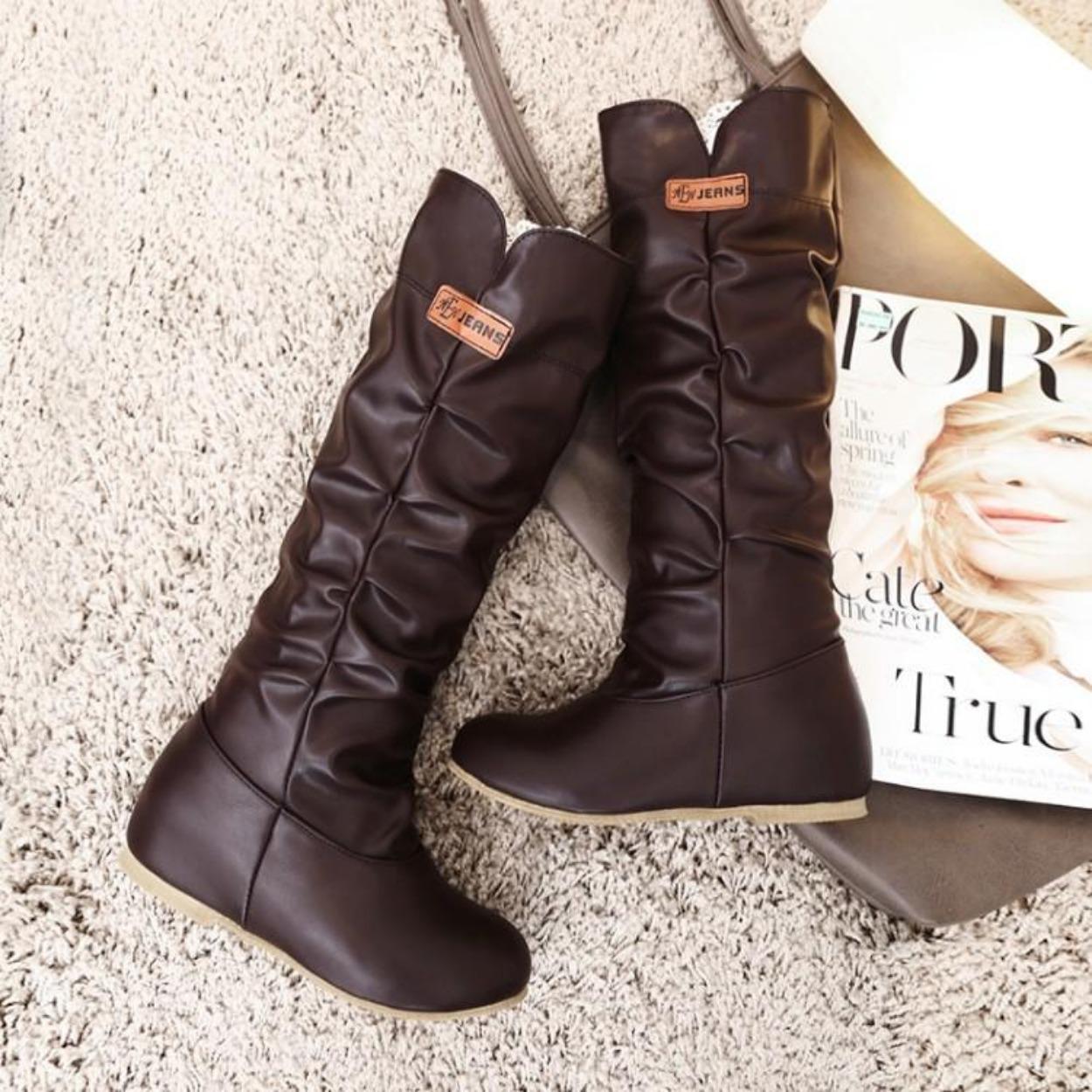 

Spring, Autumn and Winter Black Medium Boots Hollow Cotton Thread Hook Lace Lady Single Boots 39 коричневый