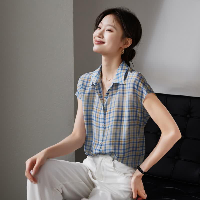 SOFSIL Women's Retro Plaid Silk Blouse