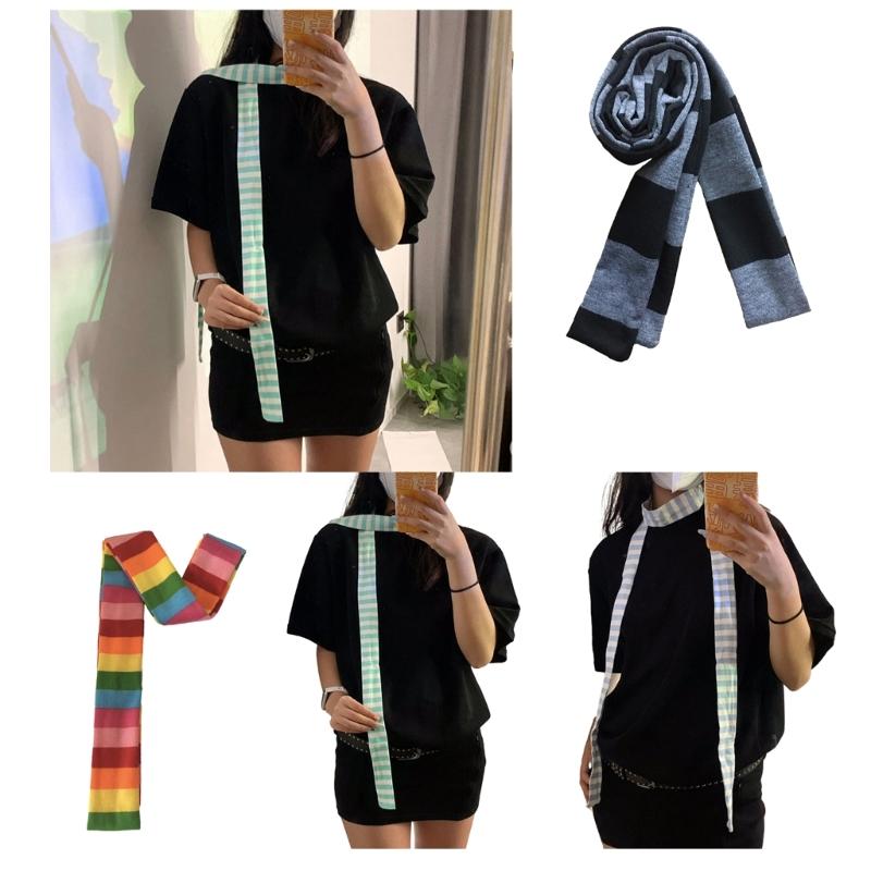 Harajuku Y2K Punk Long Scarf Rainbow Striped Skinny Neckerchief for All Ages