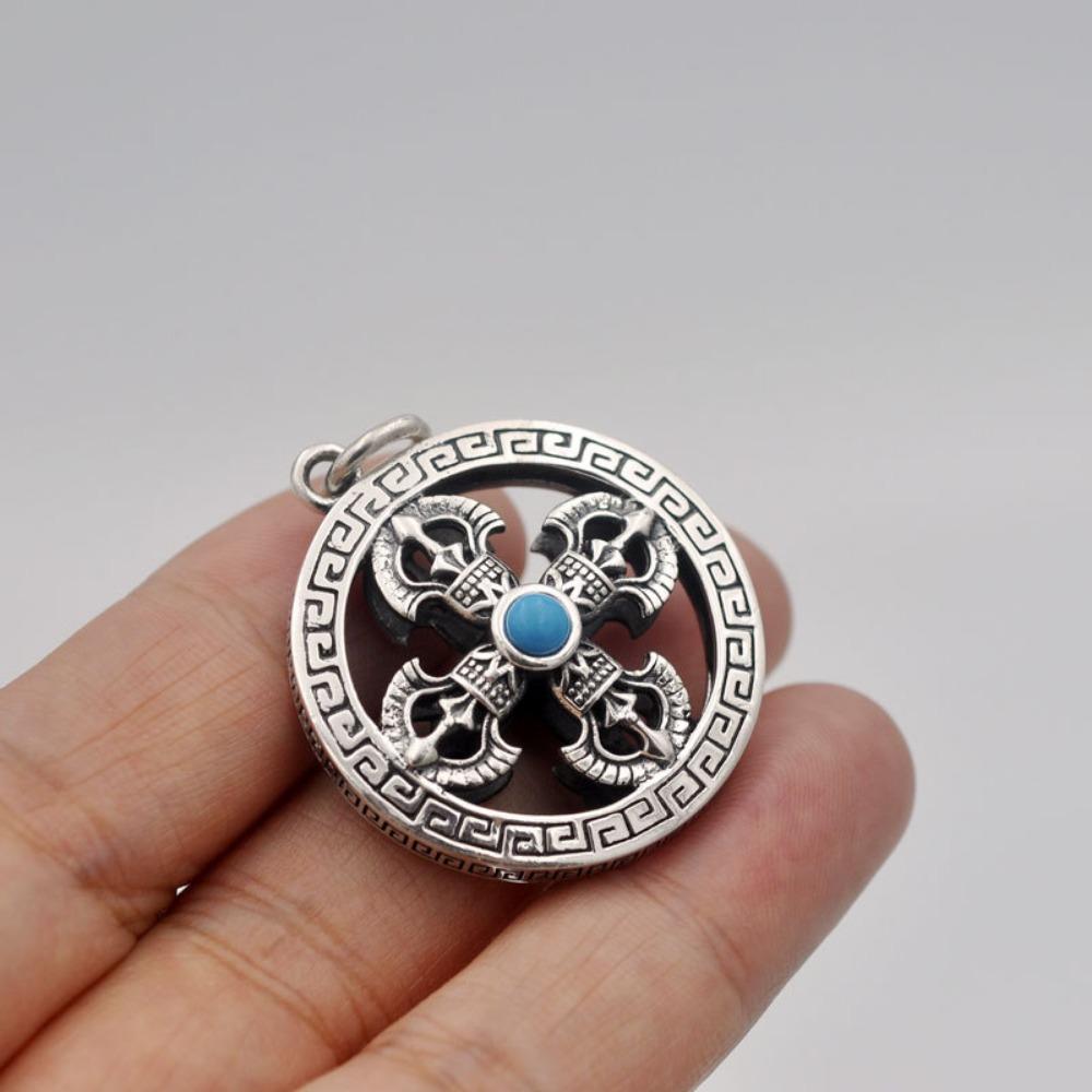 JMXD-Retro and Old Men's Necklace, Round Cross Vajra Pestle Pendant, Silver-plated No-gap Bead Design