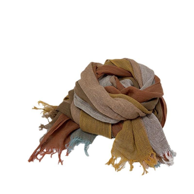 Thin Cotton And Linen Striped Scarf Literary And Versatile Soft Neck Protection Silk Scarf Women'S Travel Shawl