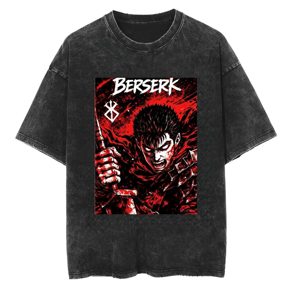 2026 Berserk Guts Anime Print Vintage Washed Adult T Shirt Men Black Distressed Short Sleeve Casual Tees