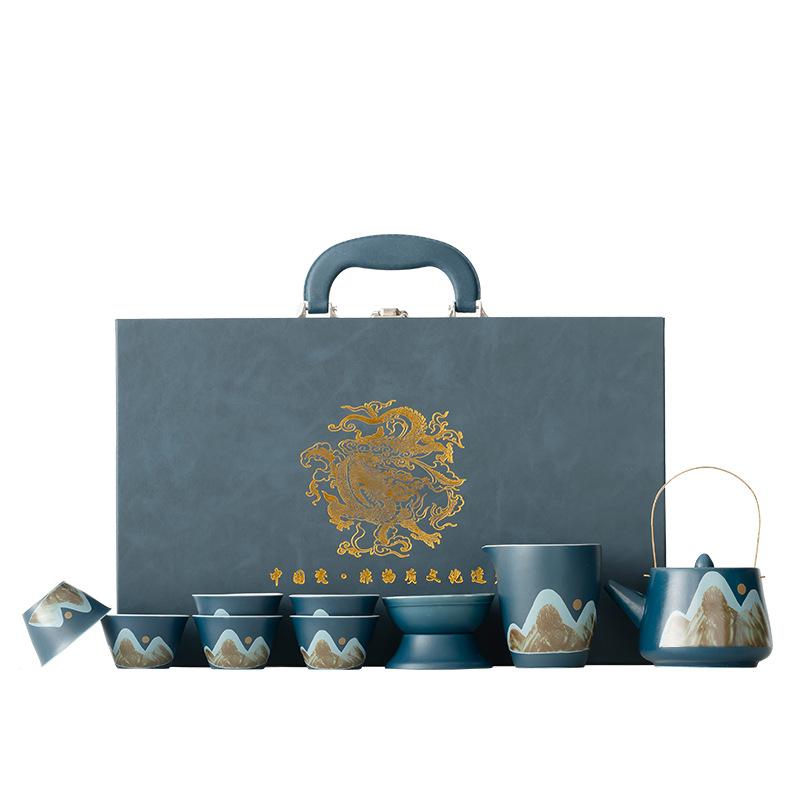Premium Gift Box Ru Kiln Tea Set, Complete Set of Tea Making, Kung Fu Teapot, Guochao Gift Box