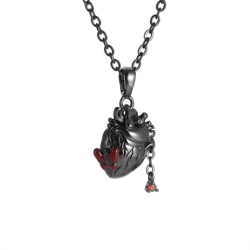 Ladies Gothic Black Anatomical Heart Necklace Red Zircon Pendant Girls Sophisticated Hip Hop Rock Party Favor