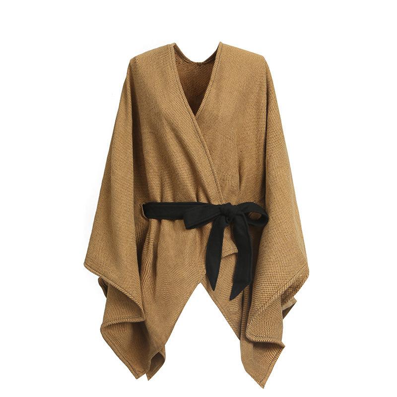 Monokrom Kemer Bölünmüş Örme Şal Dokuma Pelerin Sıcak Eşarp Kadın