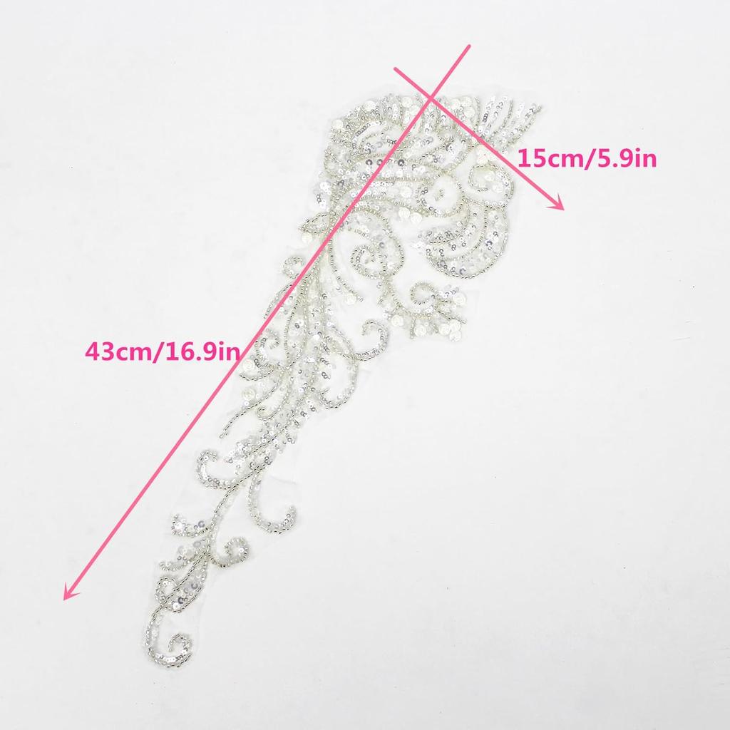 Ein Paar 3D Perlenstickerei Pailletten Spitze Applikation Aufnäher Blume Stoff Kragen Patch für Hochzeitskleid Braut DIY Handwerk(Weiß)