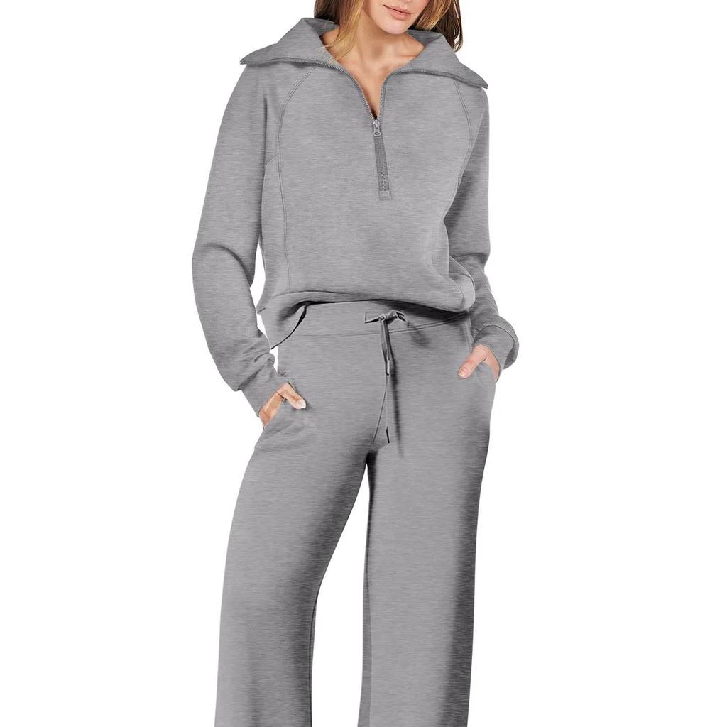Women's 2 Piece Outfits Casual Lapel Half Zip Sweatshirts And Wide Leg Pants Tracksuit Sets