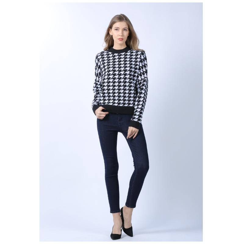 Pulover tricotat în carouri, cu gât rotund, cu mâneci lungi, pentru femei, tricotaje scurte, îngroșate, calde, Harajuku, pentru navetă, ocazional, toamnă, iarnă, cămașă cu fundul
