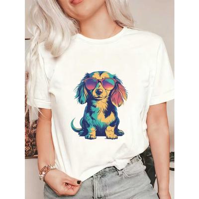 Oversized T Shirt Black Colorful Dog With Sunglasses Print Casual Wear For Women Summer Outfit Street Style Fashion Top