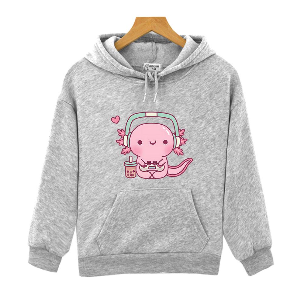 Cute Axolotl Playing Video Games Hoodie Cartoon Gamer Funny Print Sweatshirt Kids Clothes Boys Girl Clothing Y2k Winter Pullover