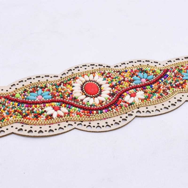 Bohemian Stretch Waist Belt Waistband with Ethnic Beads Accent Adjustable Wide Cinching Band for Dresses and Skirts