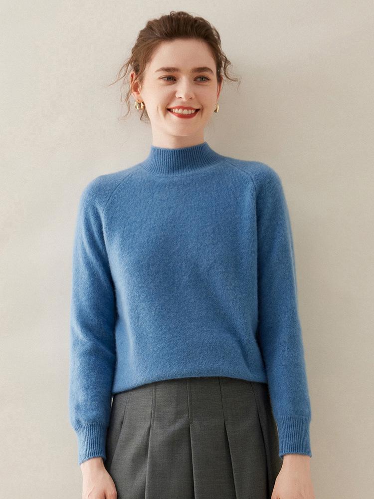 Women's Winter Cashmere Sweater: Half-High Collar, Thick, Skin-Friendly, Solid Color, Loose Fit, Wool Insert Sleeves, Knit Base Layer