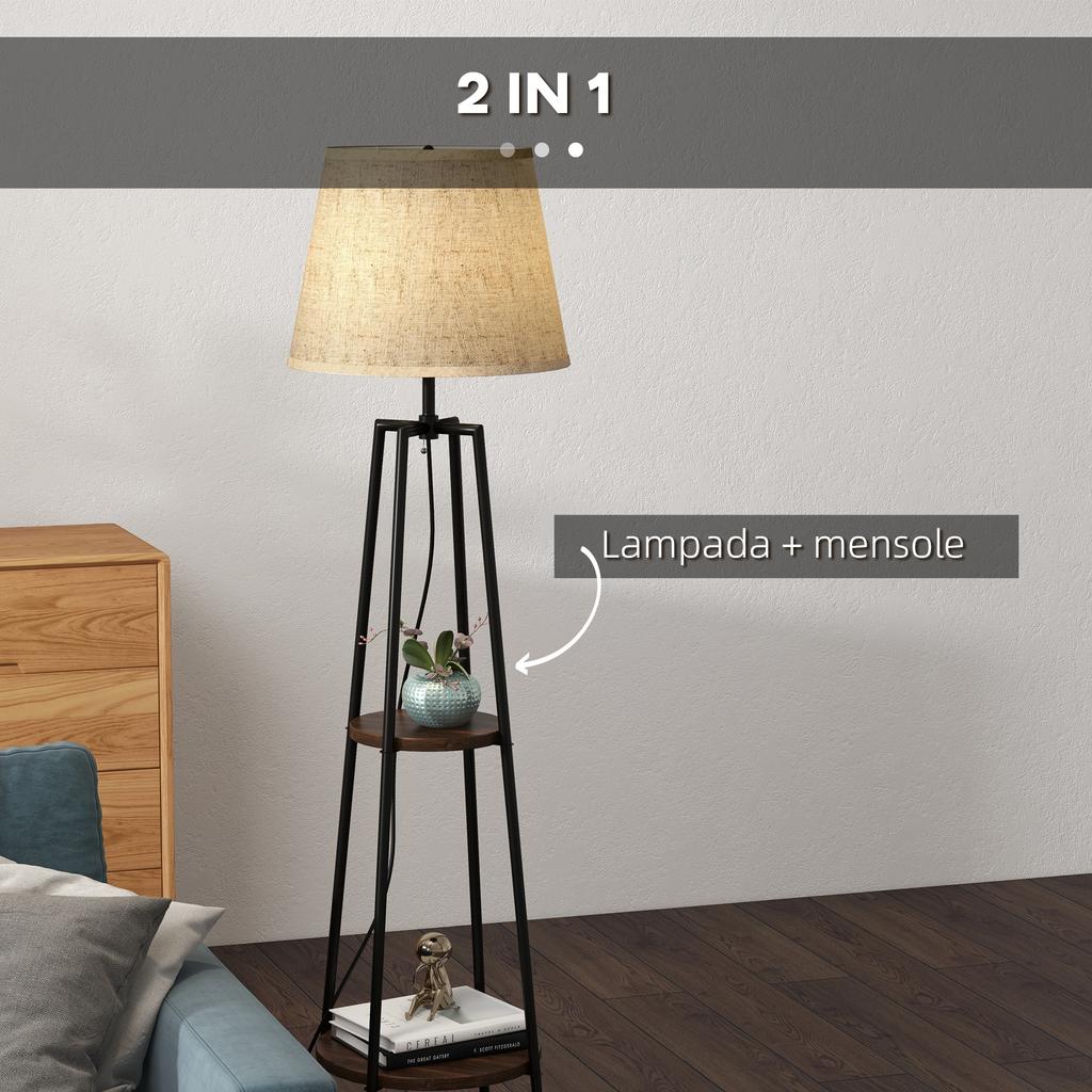 Two-Tier Metal and MDF Floor Lamp with Fabric Shade. 42x166cm. Black and Brown