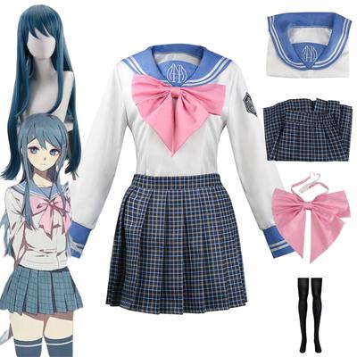 Anime Danganronpa Maizono Sayaka Cosplay Kostüm Schuluniform Cyan Perücke Hemd Rock Socken Outfits Halloween Karneval Kleidung