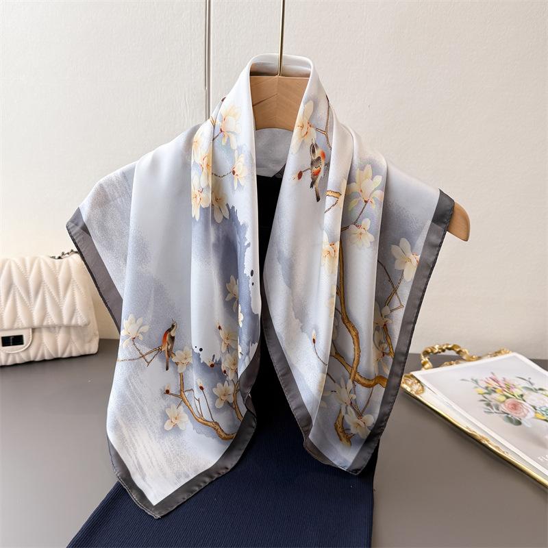 Printed Imitation Silk Ink Rhyme Landscape Silk Scarf Square Scarf High-End Shawl Versatile Neck Small Square Scarf Headscarf