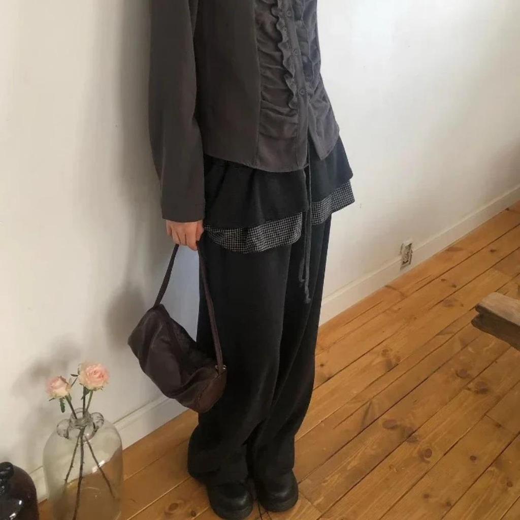 Y2k Harajuku Streetwear High Waist Wide Leg Pants Korean Style Vintage Kawaii Sweet Solid Fake Two-piece Trousers