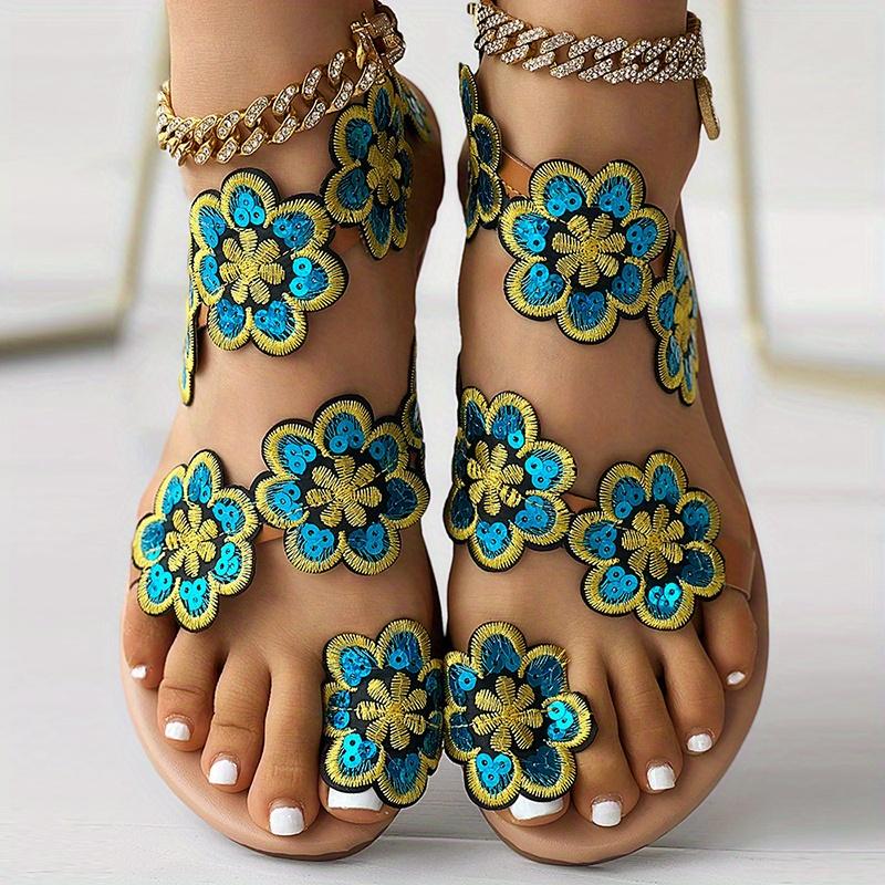 Flower Ladies Sandals Set Toe Rivet Flat Women's Shoes Vacation Plus Size Shoes
