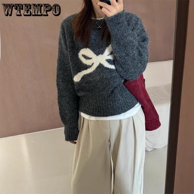 Round Neck Bow Pullover Sweater for Women Autumn and Winter New Loose Soft Knitted Sweater Top