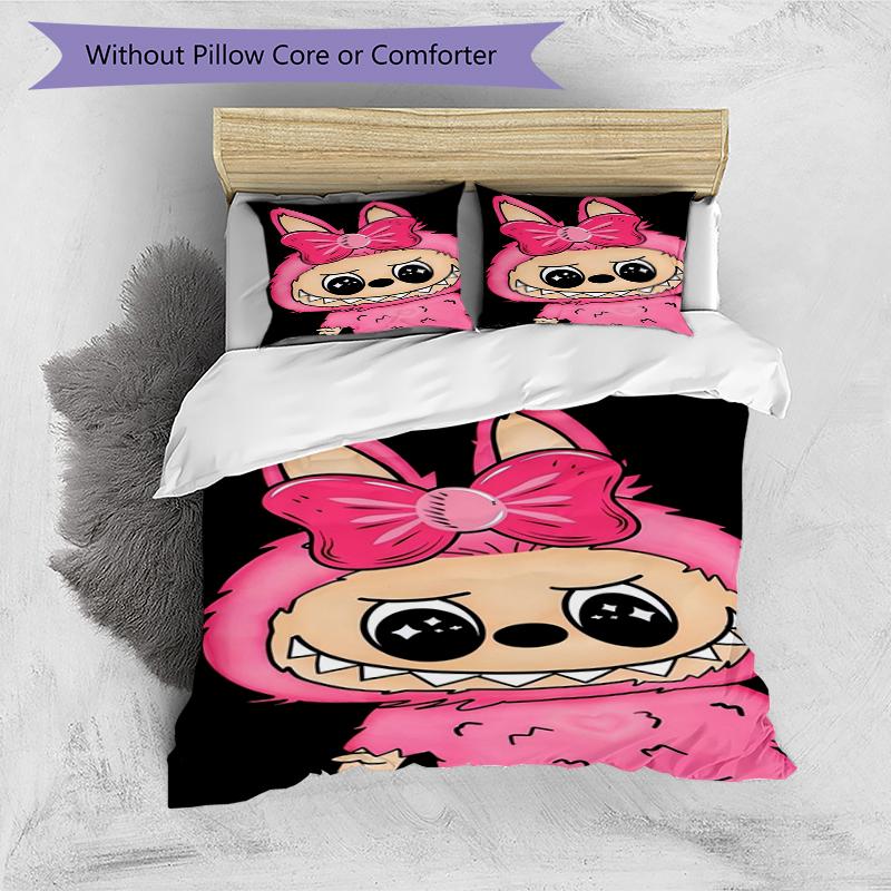 Pink Monster Design Bed Bedding Set 1 Duvet Cover + 2 Pillowcases Soft Breathable Household Bed Linens