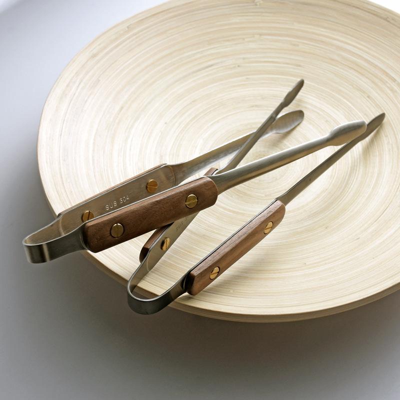 Rivet Walnut 304 Stainless Steel Barbecue Clip Non-slip Korean Tongs Anti-scalding Outdoor Camping Tool Hot Pot Food Clips