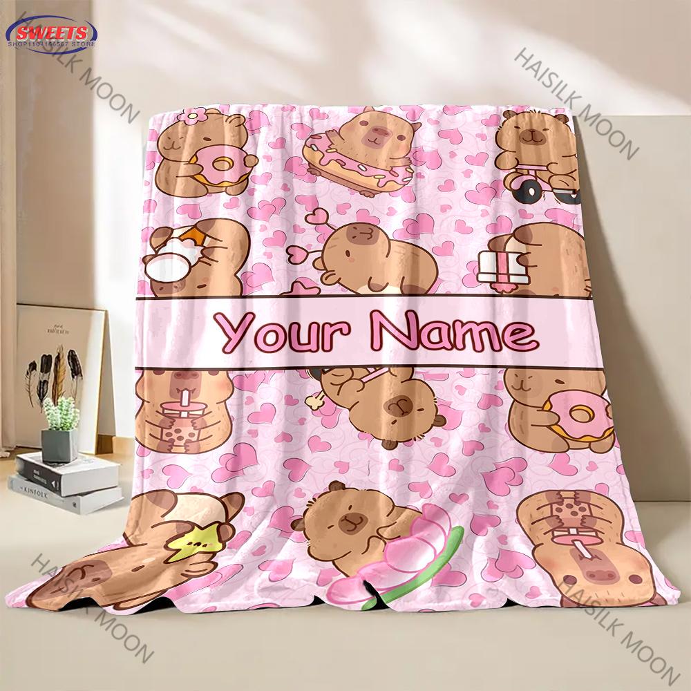 Cute Capybara Cartoon Flannel Fluffy Throw With Exclusive Name Camping Blanket for Children Sofa Throw Thin Blanket Fashion Gift