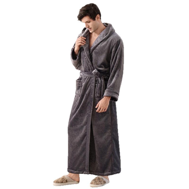 Men's Ultra-Long Ankle Velvet Robe Thickened Flannel Hat Bathrobe Coral Fleece Sleepwear Comfortable Casual Home Wear