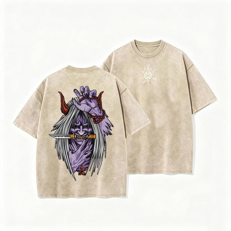 Japanese Hannya Demon Graphic Print Vintage Washed Gray Casual Streetwear Tee
