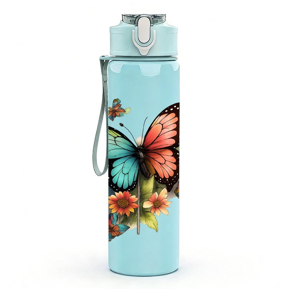 1PC Colorful Butterfly Art 750ml Color Plastic Sports Water Bottle Leakproof Flip Straw Lid Suitable for Sports Office Home Use