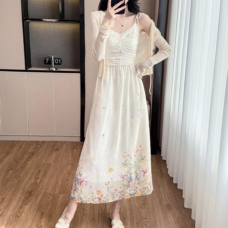 

Женский летний комплект из двух частей на бретельках-спагетти: Чистый стиль, Прочная печать, Приталенный силуэт, Универсальное длинное платье Large