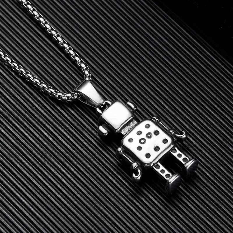 Vintage Silver Color Cool Robots Pendant Necklace for Men Hip Hop Rock Stainless Steel Box Chain Retro Hippie Neck Jewelry Gifts