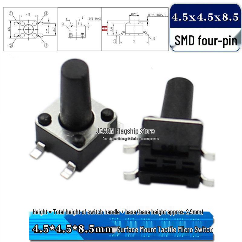 SMD Tactile Micro Switch 4.5x4.5mm, Height Options: 3.8-9mm, Copper Pins