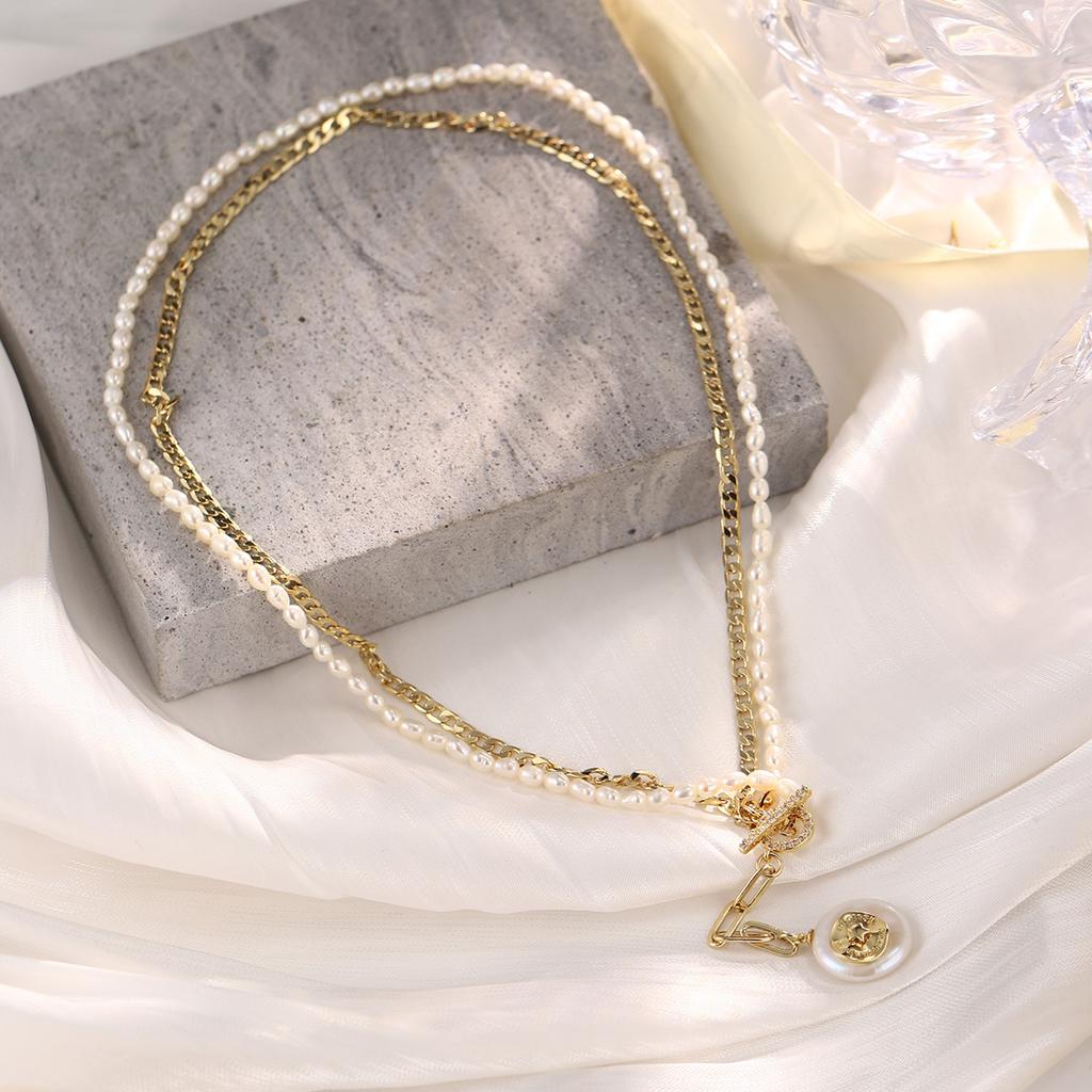 European and American necklaces, collarbone chains, simple double-layer niche fashion retro pearl love splicing chains