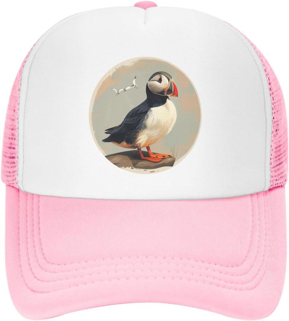 Puffin Bird Graphic Print Polyester Trucker Hat Adjustable Summer Casual Baseball Cap for Unisex