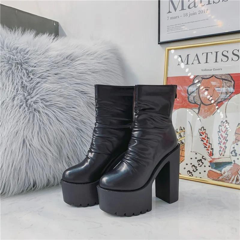 2025 Winter Women's Boots Waterproof Platform Fold Surface Zipper Thick Heel Short Boots Casual Fashion Shoes