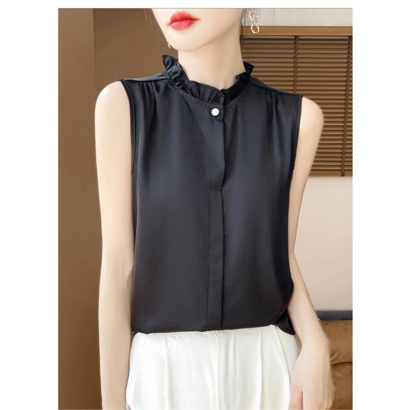 Women Beige Sleeveless Blouse With Ruffle Neck And Button Down Casual Silk Like Summer Top
