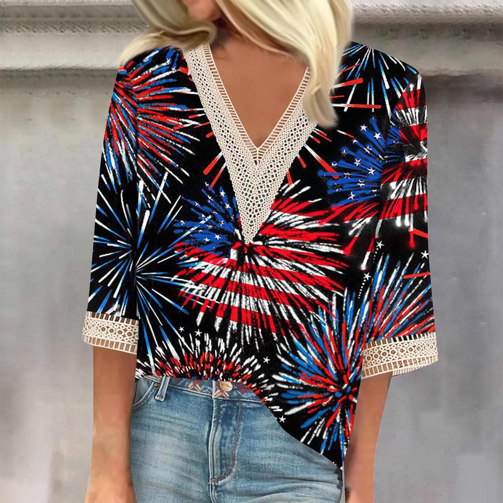 

Женская свободная повседневная футболка с v-образным вырезом и рукавами 3/4, кружевная футболка с принтом ко Дню независимости, топ S чёрный